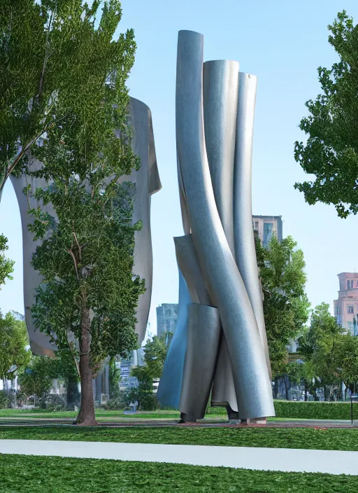 Image similar to highly detailed realistic architecture 3 d render of a futuristic stele monument in frank gehry style standing in city park, archdaily, made in unreal engine 4 octane render