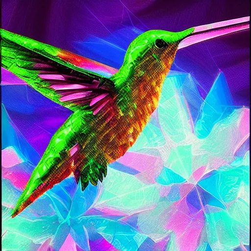 Prompt: islife tearing reflecting hummingbird submerged transparent crystallidigitalart