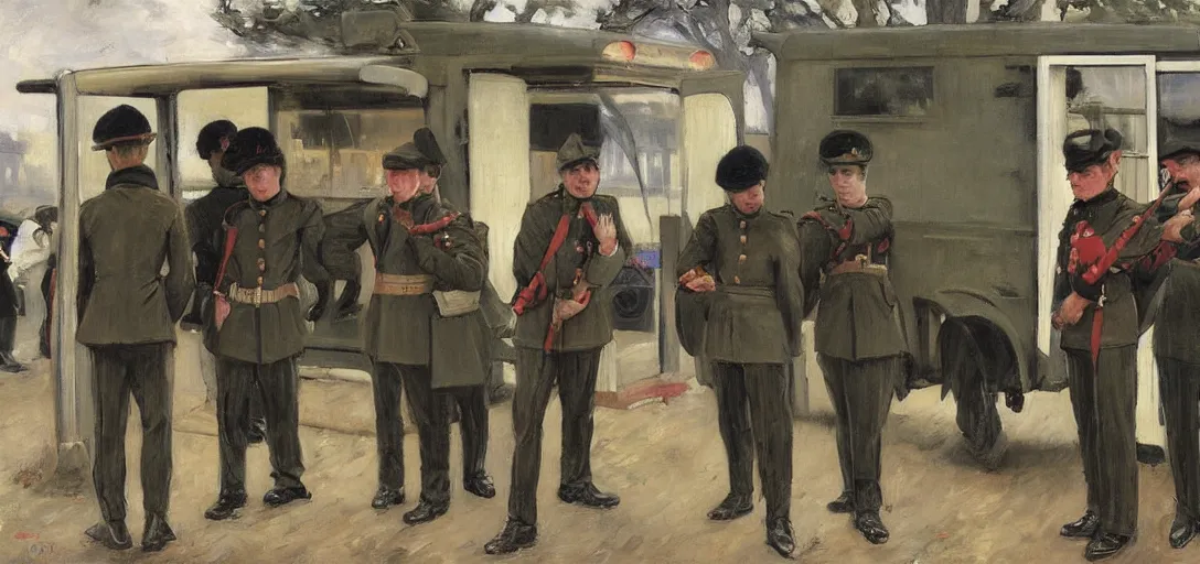 Prompt: painting of sad crying soldiers standing by a 1 9 8 0 s english ice cream van by emile friant