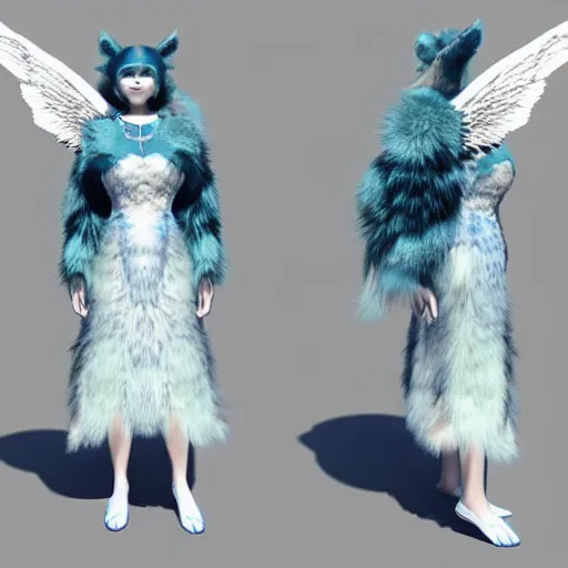 Image similar to 3 d render, well toned, large, female anthropomorphic wolf with wings, blue fur and scales with white spots and wings on her back, ice blue dress, furr covering her chest.