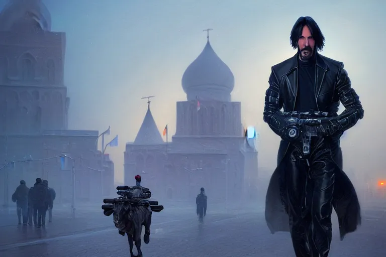 Image similar to cybernetic Keanu Reeves, outside kremlin, close up, mechanical body, artstation, fantasy, intricate, beautiful, cinematic, octane render, arnold render, 8k, hyperrealism, detailed, sharp focus, 4k uhd, masterpiece, award winning, painting by Ivan Aivazovsky and Greg Rutkowski