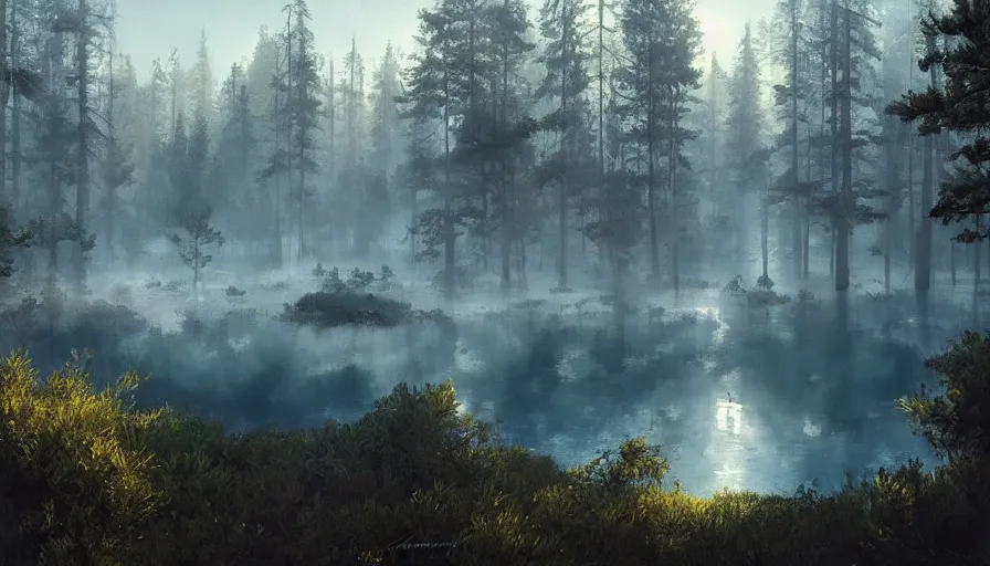 Prompt: portrait of a large lake surrounded by pine forest, highly detailed, sunny, blue sky, cinematic lighting, highly angle, godrays, volumetric, photorealistic, digital art painting by greg rutkowski