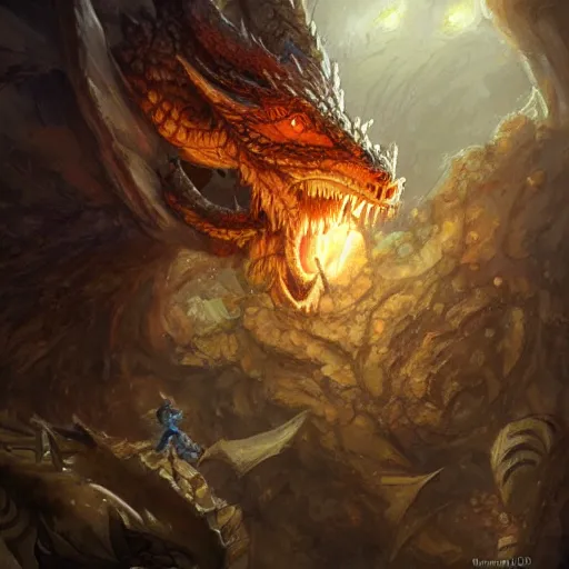 Prompt: a small fierce dragon in a cavern hoarding a pile of cookies, fantasy, sharp detail, trending on artstation, digital painting by ralph horsley and greg rutkowski