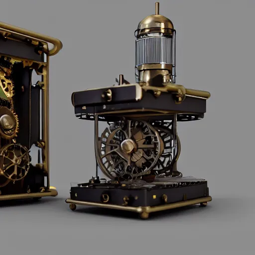 Image similar to a steampunk 3d printer, raytracing, octane render, 4k, trending on artstation