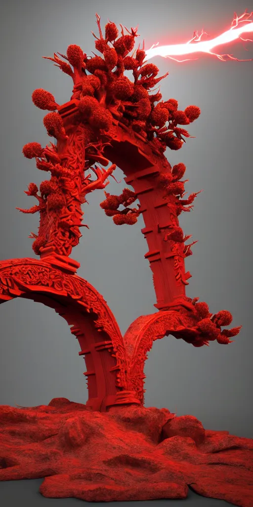 Image similar to 3 d render of a carved red torii gate infected by mushroom, sculpture, chrometype, neotribal with thorns and thunders, raytraced, volumetric lightning, 8 k, by zhelong xu, ouchh and and innate studio