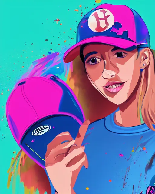 Prompt: a skater girl wearing a baseball cap holding a boombox in her right hand. paint splashes, outrun, vaporware, shaded flat illustration, digital art, trending on artstation, highly detailed, fine detail, intricate