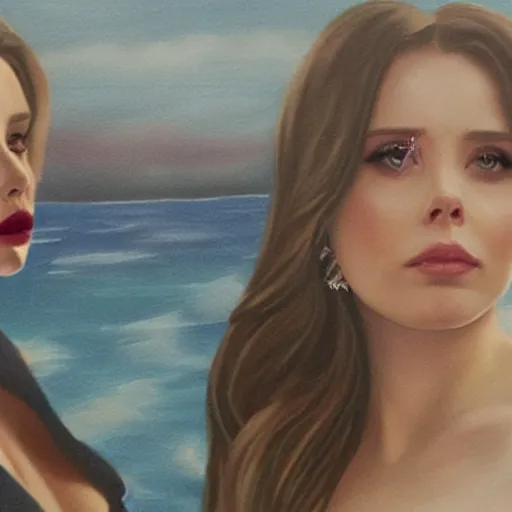 Image similar to lana del rey fighting Elizabeth olsen, photorealistic, high detail