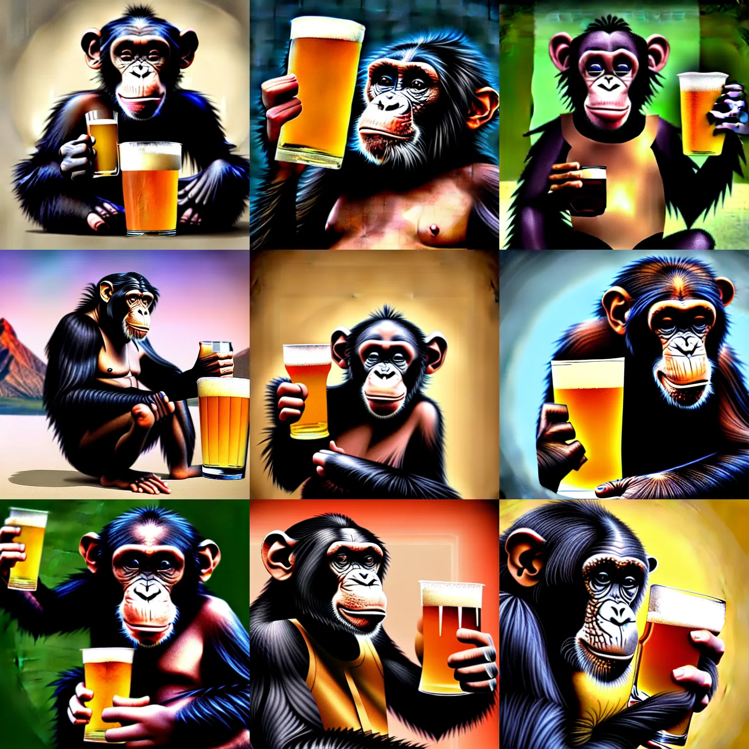 Prompt: a beautiful digital matte painting of a cute chimpanzee holding a glass of beer.