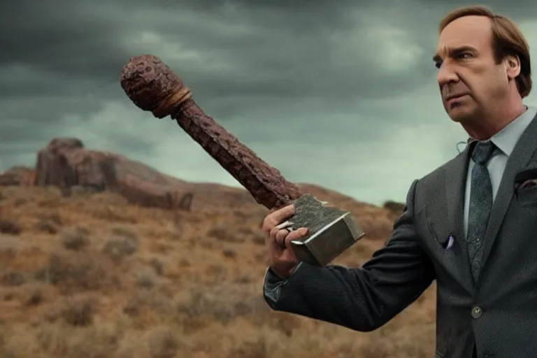 Image similar to saul goodman wearing thor's outfit holding mjolnir., cinematic, dramatic, color grading, photojournalism, highly detailed