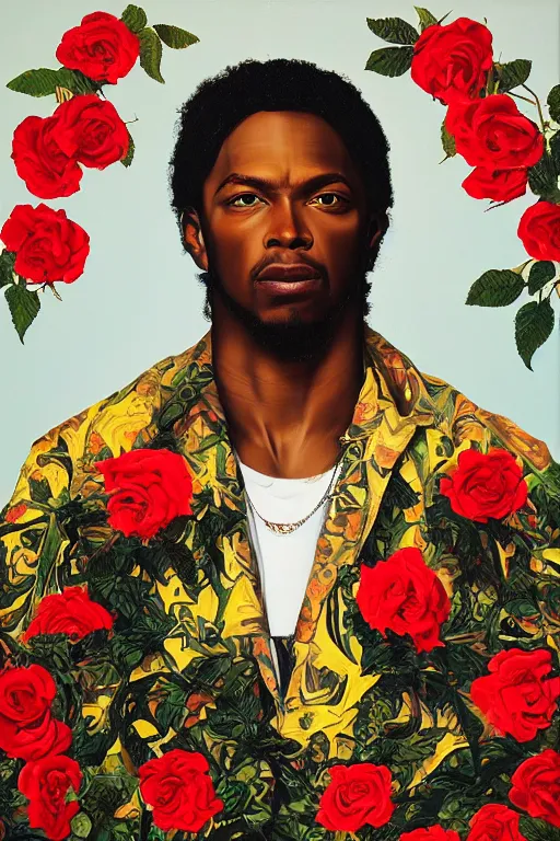 Image similar to Andre Benjamin, portrait by Kehinde Wiley!!, roses, oil paint on canvas, brushstrokes,