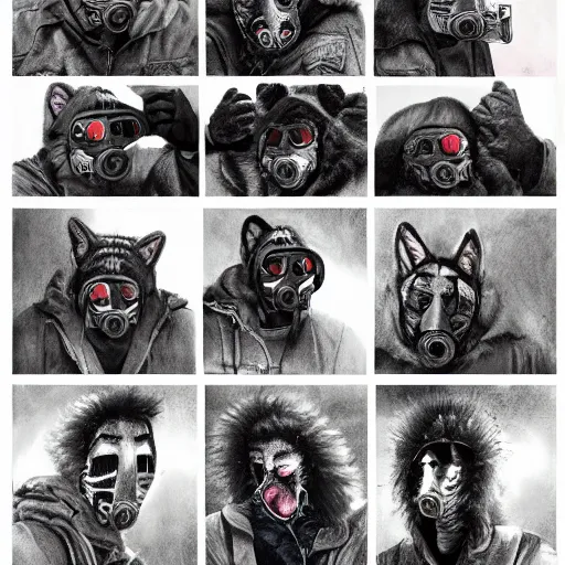 Image similar to detailed details photorealistic wolfs gang photo group, most of them using wolf mask, other using grey bandana and gas mask, theyre with grey hoodie and dominant gray black color in the style of bob peak and alex ross, gouache and wash paints color, detailed details facial and body and human and environments and proportionate, detailed 5 k details.