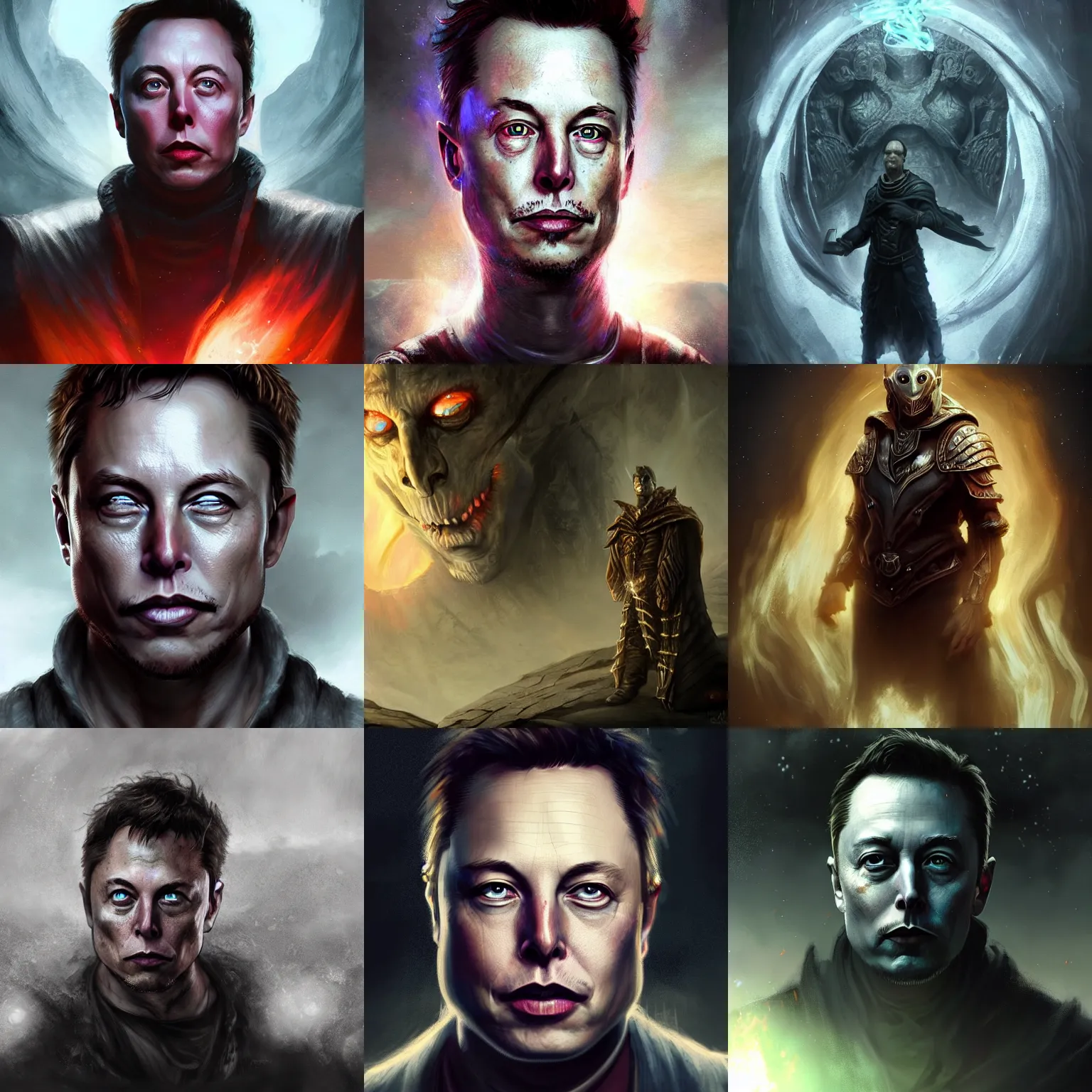 Prompt: epic portrait of elon musk as a sorcerer d & d character by the best fantasy concept artists, seb mckinnon, in the style of skyrim art, artstation, cgsociety, volumetric lighting, 8 k
