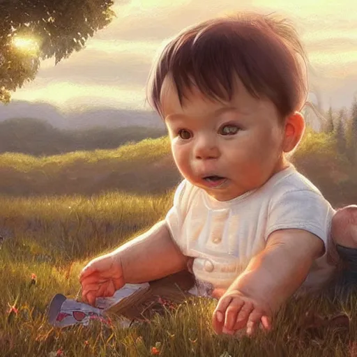 Image similar to clear portrait of human babies, adorable appearance!!!, golden hour, happy apearance, cottagecore!!, background hyper detailed, character concept, full body, dynamic pose, intricate, elegant, highly detailed, digital painting, artstation, concept art, smooth, sharp focus, illustration, art by artgerm and greg rutkowski and alphonse mucha