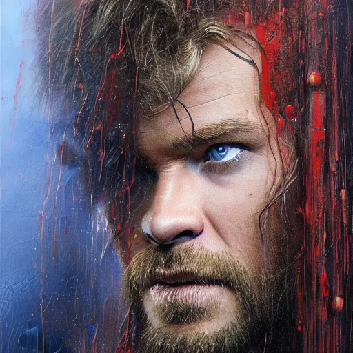 Prompt: detailed masterpiece head and shoulders portrait of struggling Thor Chris Hemsworth by Ayami Kojima, Amano, Karol Bak, Gottfried Helnwein and Mark Brooks and Meats Meier and Ryan Brown, rich deep colors. the agony is real. Beksinski painting, part by Adrian Ghenie and Gerhard Richter and Jeremy Mann. art by Takato Yamamoto. medium shot. masterpiece . intricate artwork by Tooth Wu and wlop and greg manchess, greg rutkowski, very coherent artwork, cinematic, hyper realism, high detail, octane render, unreal engine, 8k, Vibrant colors, Smooth gradients, High contrast. by Katsuhiro Otomo, inspired by anime, movie grain, intricate detail, extremely detailed. painting by Arthur Rackham, Eugene de Blaas, Frederic Leighton