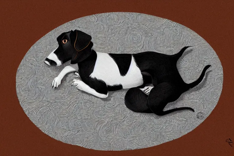 Prompt: cute black and white jack russel terrier laying on dog bed, large round eyes, concept art, fantasy illustration, sketch by victo ngai and diego gisbert llorens