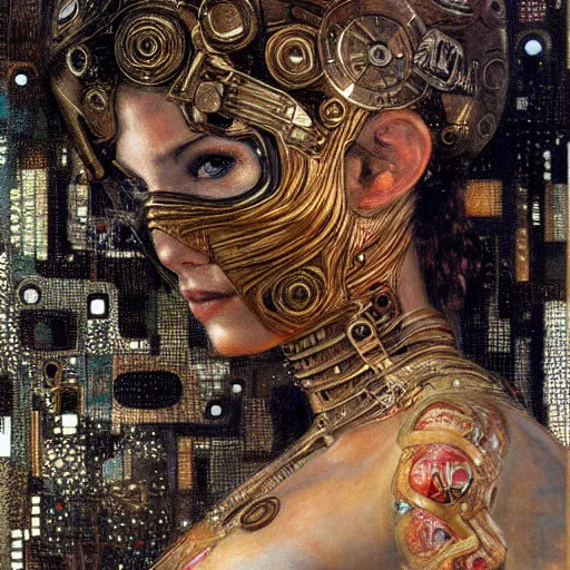 Image similar to cybernetic female supersoldier, intricate detail, klimt, royo, whealan,