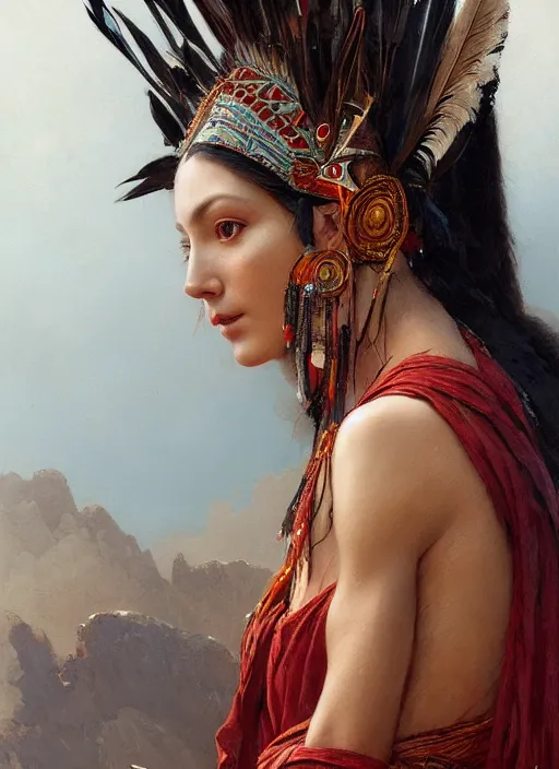 Image similar to gorgeous redskin woman wearing headdress, intricate, elegant, highly detailed, artstation, concept art, smooth, sharp focus, illustration, art by and greg rutkowski and orientalism and bouguereau