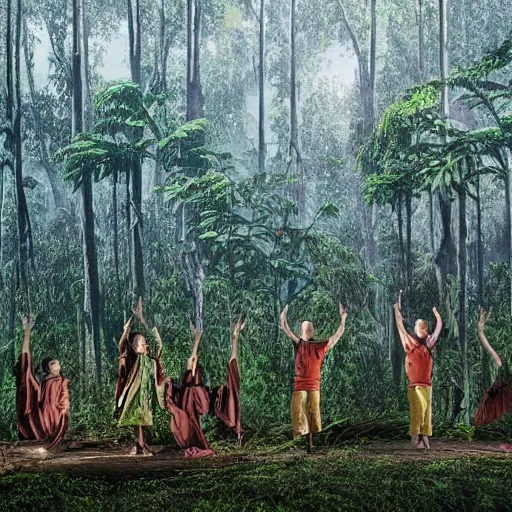 Image similar to high quality, high detail, an opera performance about deforestation in kalimantan forest, photorealistic lighting