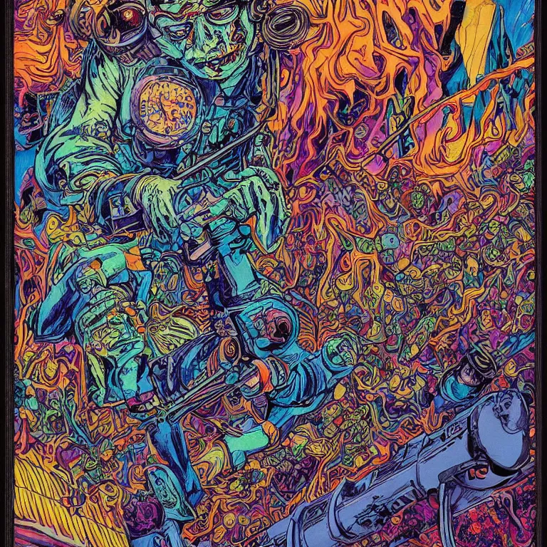 Image similar to beautiful colorful hyperrealist highly detailed psychedelic music poster'zombie ghostbuster ', psychedelic art nouveau, beautiful high contrast colored wood engraving, moebius comic style, shocking detail trending on artstation 8 k