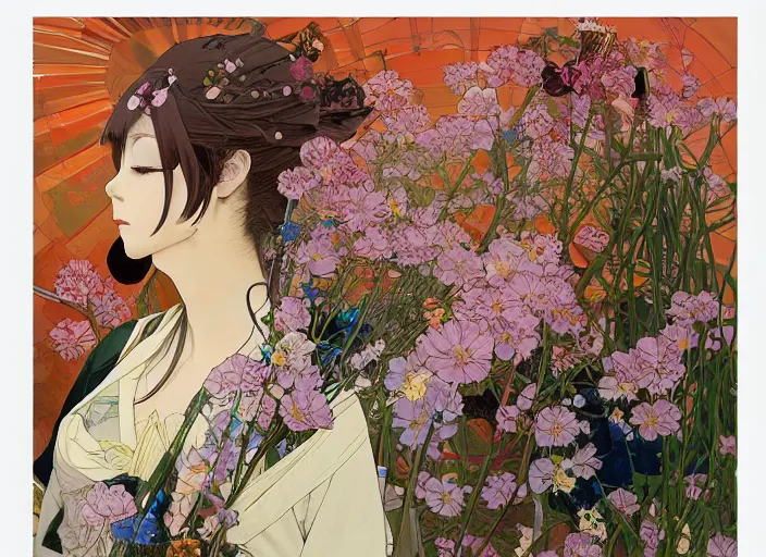 Image similar to oil painting, long shot, beautiful floralpunk japanese bio mechanical female illustration detailed patterns art of japan traditional dress, flower pop art, floral splash painting, art by ashley wood, alphonse mucha, makoto shinkai, geof darrow, dark shadow