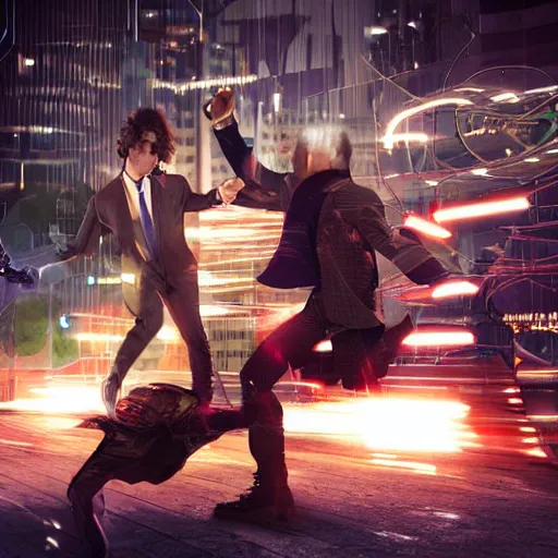 Image similar to a fight between a boho cyberpunk hippie and a high - tech suit businessman, epic art, cinematic mid shot fight