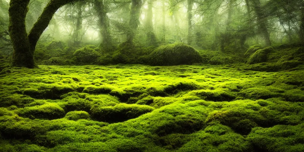 Image similar to gorgeous fields of moss landscape with glistening water, magical forest, brightly colored, magical, fantasy, landscape, beautiful, intricate details, highly detailed, sharp focus, concept art, digital painting, trending on artstation, still, screenshot, photo, photograph, in the style of Adrian Dudak