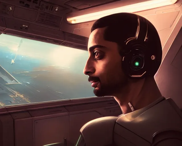 Image similar to highly detailed portrait of riz ahmed as an android in a space shuttle, in detroit : become human, stephen bliss, unreal engine, fantasy art by greg rutkowski, loish, rhads, ferdinand knab, makoto shinkai and lois van baarle, ilya kuvshinov, rossdraws, tom bagshaw, global illumination, radiant light, detailed and intricate environment