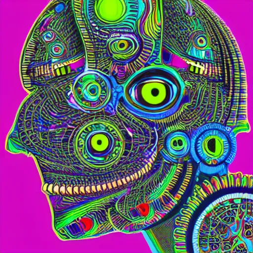 Image similar to hyperdetailed portrait of a futuristic trippy smiling robot head, 8 k, symetrical, flourescent colors, halluzinogenic, multicolored tshirt art, hajime sorayma, black background