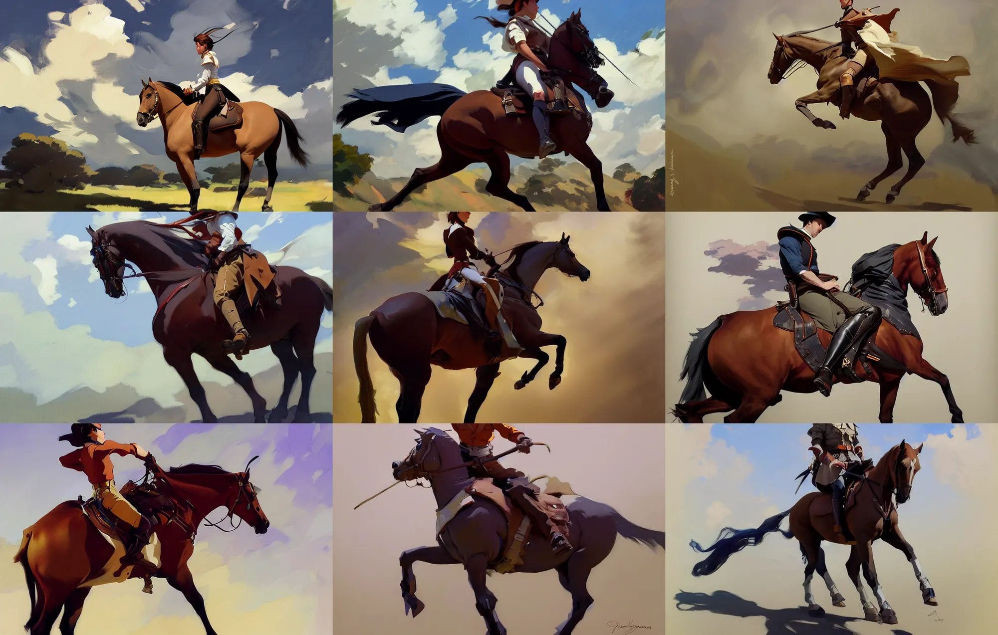 Image similar to cloth fabric riding horse jodhpurs side view greg manchess painting by sargent and leyendecker, studio ghibli, fantasy, medium shot, asymmetrical, intricate, elegant, matte painting, illustration, hearthstone, by greg rutkowski, by greg tocchini, by james gilleard, by joe fenton