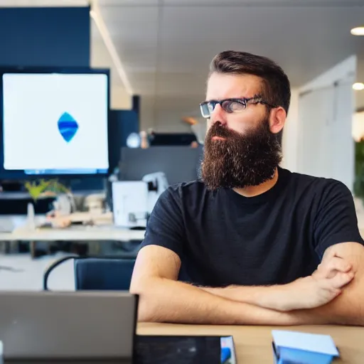 Prompt: a picture of a bearded developer who is trying to work with rxjs but has no idea what he is doing. he looks seriously frustrated. this all takes place in an office which is inside the amsterdam olympic stadium