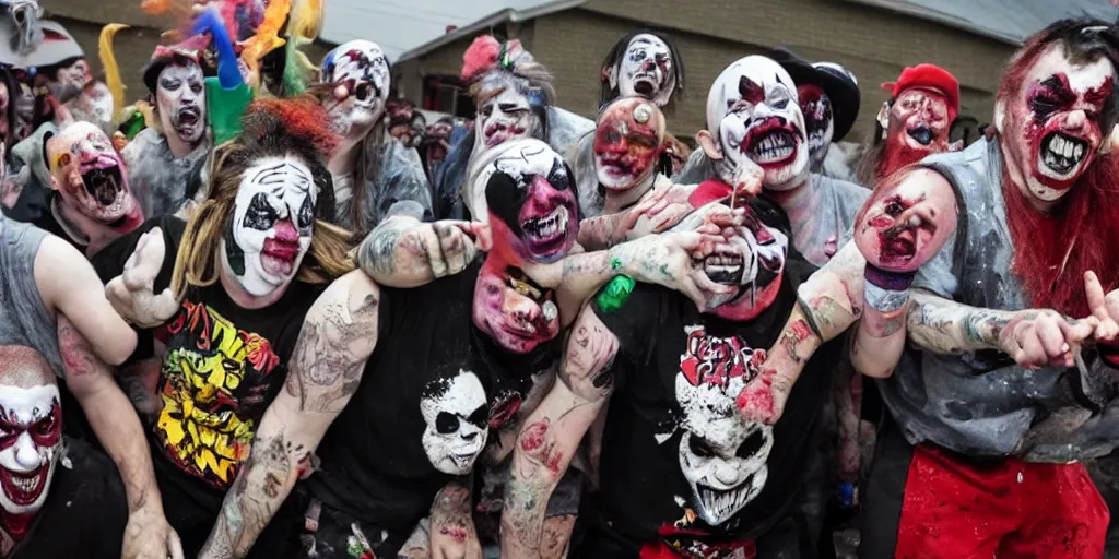 Prompt: Juggalos vs clowns school food fight, detailed facial expressions