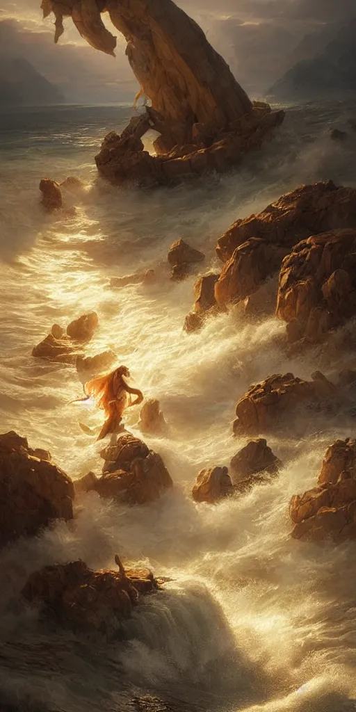 Prompt: biblical moses splitting the sea, beautiful composition, wide angle, colorful, cinematic, volumetric lighting, intricate details painting, by art germ, by greg rutkowski