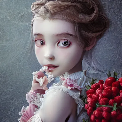 Image similar to the portrait of the absurdly beautiful, graceful, elegant, sophisticated, fashionable little girl made of strawberries and white petals looking down, an ultrafine hyperdetailed illustration by kim jung gi, irakli nadar, intricate linework, bright colors, octopath traveler, final fantasy, unreal engine 5 highly rendered, global illumination, radiant light, detailed and intricate environment