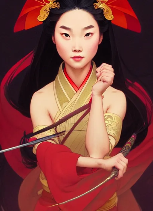 Image similar to portrait of disney mulan, intricate, elegant, highly detailed, my rendition, digital painting, artstation, concept art, smooth, sharp focus, illustration, art by artgerm and greg rutkowski and alphonse mucha and uang guangjian and gil elvgren and sachin teng, symmetry!!