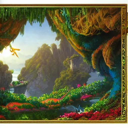 Prompt: realistic detailed view of neverland by terance james bond, russell chatham, greg olsen, thomas cole, james e reynolds, photorealistic, fairytale, art nouveau, illustration, concept design, storybook layout, story board format