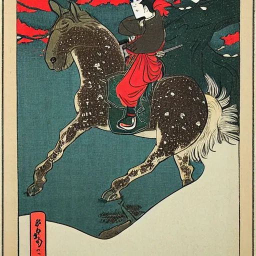 Prompt: Ukiyoe of a boy riding a horse through a snowy forest
