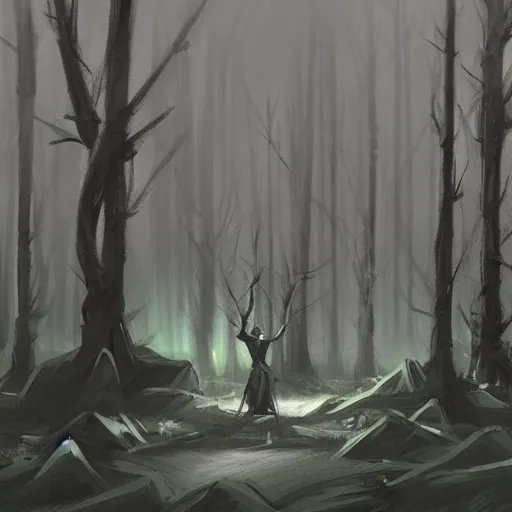 Image similar to a group of people standing in a dark forest, concept art by vincent proce, trending on cgsociety, sots art, lovecraftian, concept art, 2 d game art