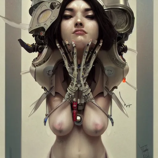 Image similar to An Alien Robot Naughty Nurse, facial tattoos, artists portrait, biomechanical, Emergency Room, fantasy, highly detailed, digital painting, concept art, sharp focus, depth of field blur, illustration, art by artgerm and greg rutkowski and alphonse mucha