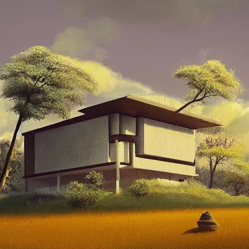 Prompt: modernist house inspired by a tibetan palace, open field, big trees, yellow clouds, dramatic lighting, artstation, matte painting, raphael lacoste, simon stalenhag, frank lloyd wright