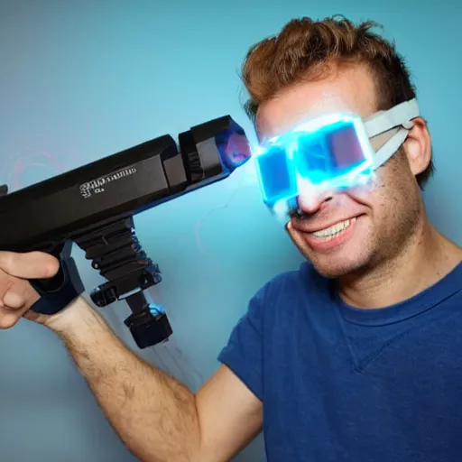 Image similar to a scientist standing in a dark room wearing goggles looks ecstatic while testing out the new laser gun prototype by firing it