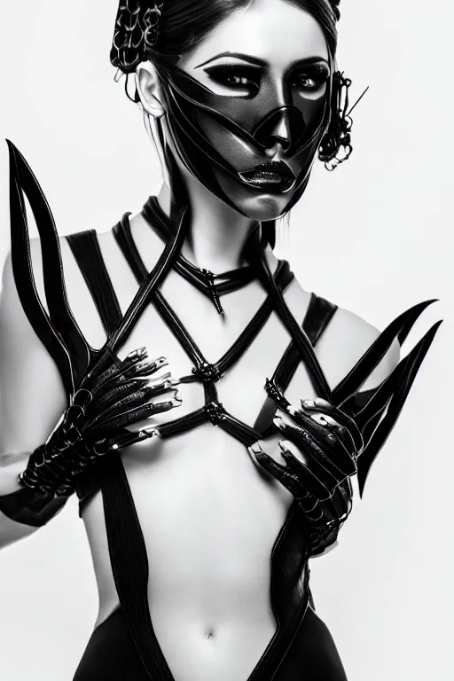 Prompt: a beautifull demon woman model, wearing cable armor, luxury materials, symmetrical, cinematic, elegant, professional studio light, real dlsr photography, sharp focus, 4 k, ultra hd, sense of awe, high fashion