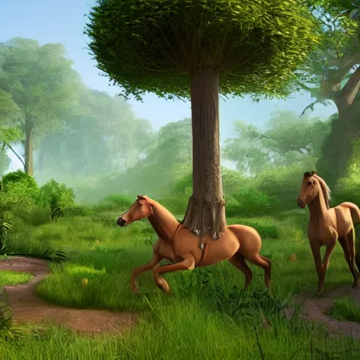 Prompt: unreal engine - style garden of eden with romping horses drawn by beckzinski