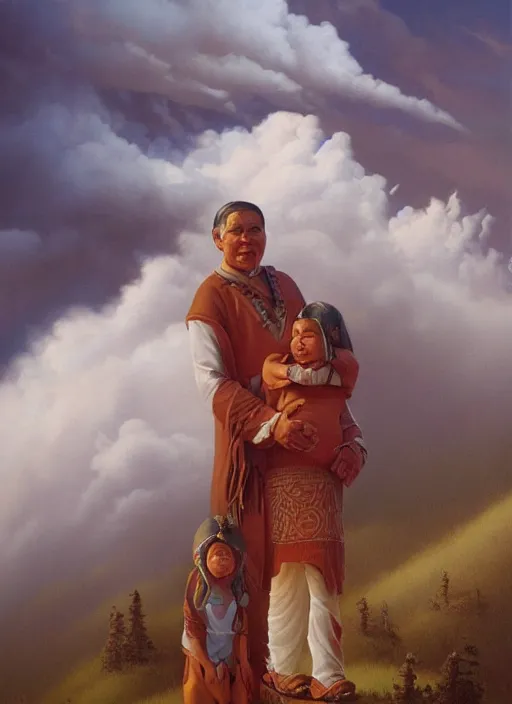 Prompt: portrait of a indigenous grandparents in the clouds, smiling, protection, benevolence, ancestors, art by christophe vacher