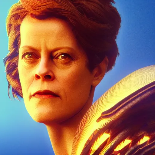 Image similar to sigourney weaver as goddess athena, hyperdetailed, hyperrealistic, volumetric lights, golden hour, 8 k, trending on artstation