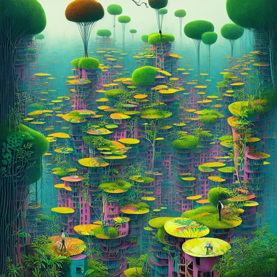 Image similar to surreal gediminas pranckevicius, malaysia jungle, summer morning, very coherent and colorful high contrast art by james gilleard james gurney floralpunk screen printing woodblock, habitat 6 7, dark shadows, pastel color, hard lighting, stippled light, art nouveau, film noir