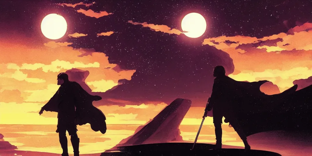 Prompt: luke skywalker looking to the horizon of tatooine, there are two suns in th sunset sky, vibrant highlights sharp contrast trending pixiv fanbox by alex ross by victo ngai james gurney makoto shinkai takashi takeuchi studio ghibli