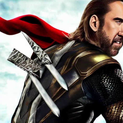 Prompt: nicholas cage as marvel's thor, movie poster