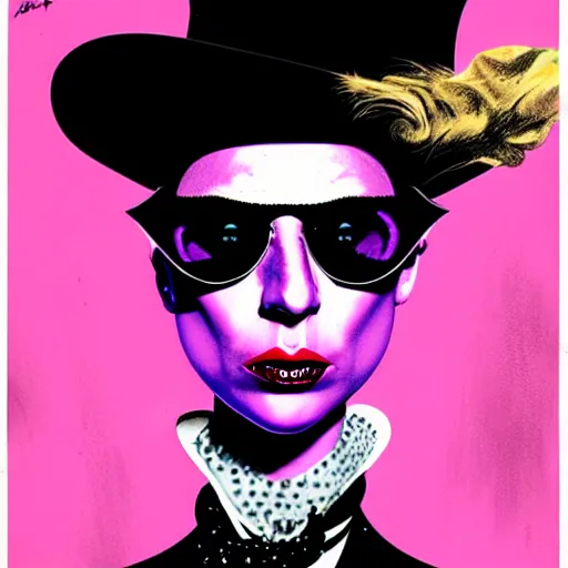 Image similar to graphic illustration, creative design, lady gaga as willy wonka, biopunk, francis bacon, highly detailed, hunter s thompson, concept art