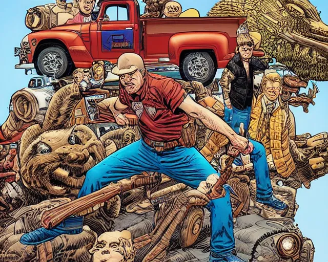 Image similar to a portrait of an old pickup truck by arthur adams and geof darrow and mike deodato and al feldstein and moebius and chip zdarsky