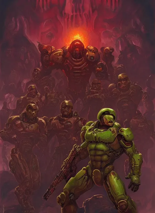 Image similar to ( doom ) cover featuring doom guy!! doom marine!! surrounded by demons, by kenneth scott, artstation, vivid gaze